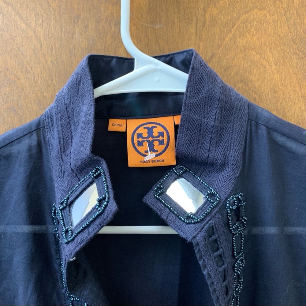 EUC Sz4 Tory Burch Navy Tunic Geometric Embroidery 100% Cotton Sheer Spring Luxe - Picture 2 of 11